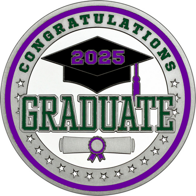 Dark Green "Congratulations Graduate" with Purple 2025, Rim, Tassel & Ribbon